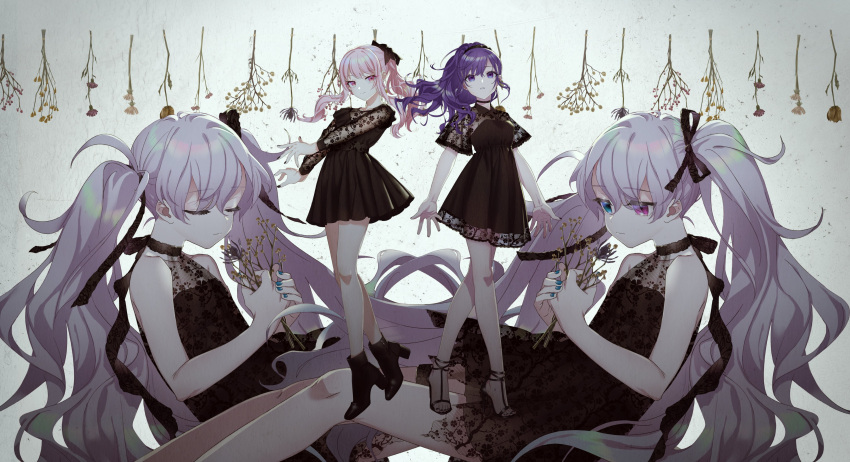 1other 25-ji_night_code_de._(project_sekai) 2girls absurdres akiyama_mizuki akka asahina_mafuyu black_dress black_footwear black_nails black_ribbon boots choker closed_mouth commentary_request dress empty_eyes expressionless flower hair_ribbon hatsune_miku high_ponytail highres holding holding_flower lace lace-trimmed_dress lace_choker lace_ribbon lace_sleeves lace_trim long_hair long_sleeves multiple_girls multiple_views nail_polish official_art otome_kaibou_(vocaloid) pink_eyes pink_hair project_sekai purple_hair ribbon sandals short_sleeves side_ponytail smile toenail_polish toenails very_long_hair violet_eyes vocaloid white_hair