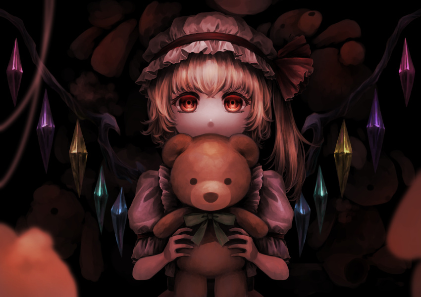 1girl absurdres blonde_hair blurry covered_mouth crystal doll_hug flandre_scarlet hat highres holding holding_stuffed_toy looking_at_viewer mob_cap object_hug puffy_sleeves red_eyes rinka_(nxes4835) solo stuffed_animal stuffed_bunny stuffed_toy teddy_bear touhou wings