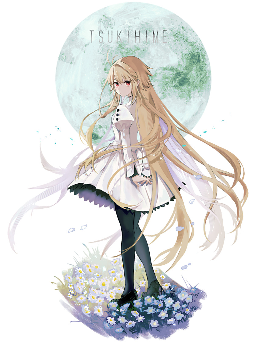 1girl aged_down antenna_hair arcueid_brunestud bangs black_footwear black_pantyhose blonde_hair buttons child closed_mouth commentary_request copyright_name dress expressionless falling_petals flower frilled_skirt frills full_body full_moon hair_between_eyes highres juliet_sleeves long_hair long_sleeves looking_at_viewer looking_back moon nigiri pantyhose petals puffy_sleeves red_eyes sidelocks single_hair_intake skirt solo standing tsukihime tsukihime_(remake) type-moon very_long_hair white_dress white_flower