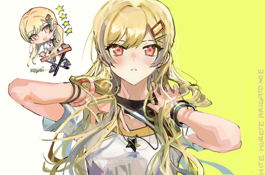 1girl blonde_hair bracelet closed_mouth commentary grey_hair hair_ornament hairclip hand_in_own_hair jewelry long_hair looking_at_viewer multicolored_hair necklace official_alternate_costume official_alternate_hairstyle pink_eyes project_sekai pyongtaro shirt short_sleeves star_(symbol) star_necklace streaked_hair tenma_saki two-tone_background upper_body white_background white_shirt yellow_background
