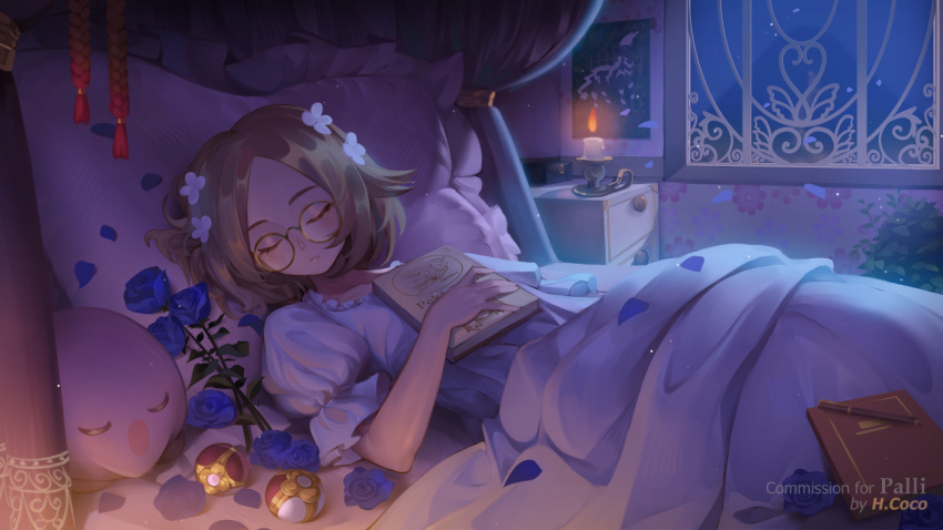1girl alternate_costume bianca_(pokemon) blonde_hair blue_flower book candle closed_eyes closed_mouth commentary commission fire flame flower frills glasses hentaki holding holding_book indoors medium_hair munna on_bed pen petals pillow pokemon pokemon_(creature) pokemon_(game) pokemon_bw2 round_eyewear short_sleeves sleeping under_covers watermark window