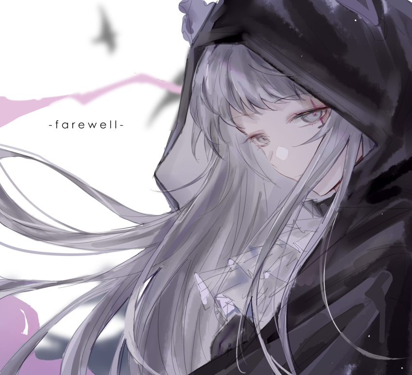 1girl arknights ascot black_cape cape english_text grey_eyes grey_hair half-closed_eyes head_wings head_wings_through_headwear highres hood hood_up hooded_cape irene_(arknights) long_hair looking_at_viewer pink_ribbon ribbon shenhuili simple_background solo upper_body white_ascot white_background