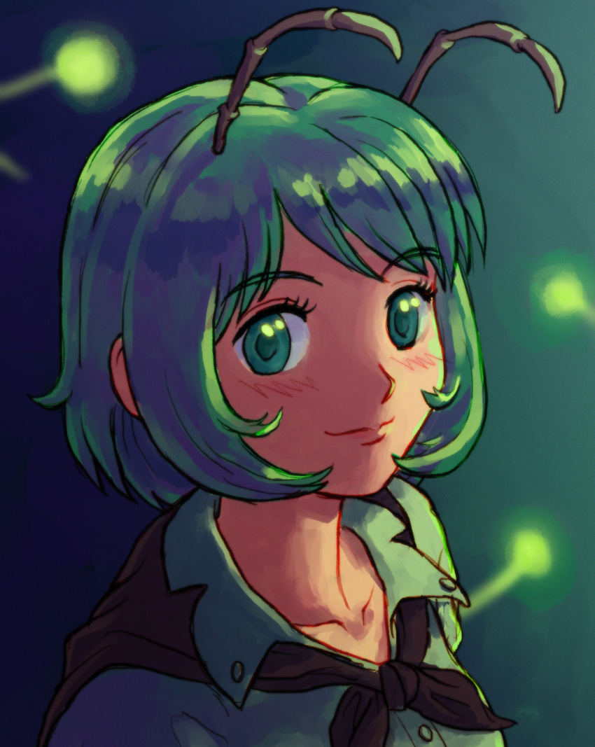 1girl absurdres antennae bangs black_cape blush cape closed_mouth collared_shirt commentary fireflies green_background green_eyes green_hair highres looking_at_viewer portrait shirt short_hair smile solo touhou white_shirt wriggle_nightbug zawabug