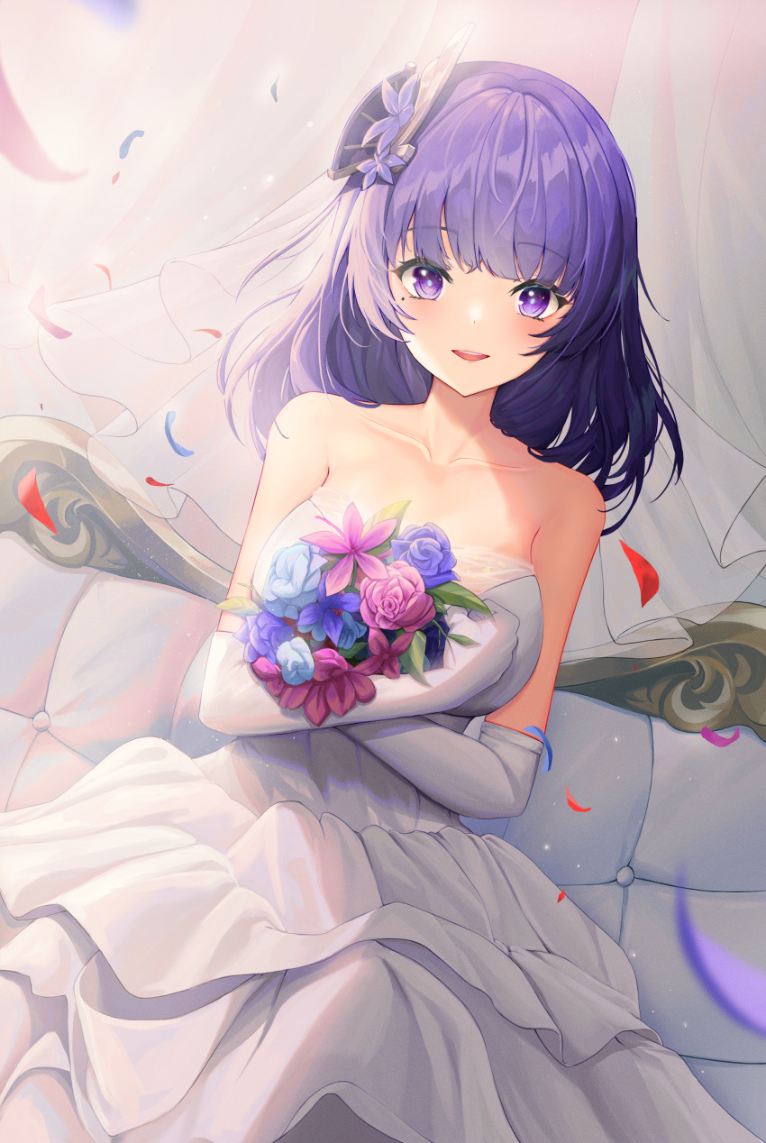 1girl :d absurdres bangs bouquet breasts bridal_veil bride collarbone dress dutch_angle elbow_gloves falling_leaves flower genshin_impact gloves hair_flower hair_ornament haires happy highres holding holding_bouquet large_breasts leaf long_dress long_hair looking_at_viewer purple_hair raiden_shogun smile solo veil violet_eyes wedding_dress white_dress white_gloves