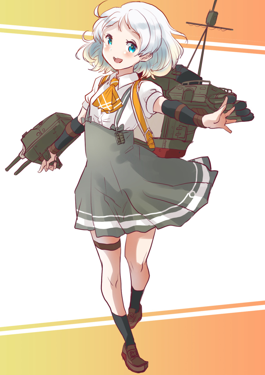 1girl adapted_turret arm_warmers ascot black_socks blue_eyes brown_footwear cannon fuji_(pixiv24804665) full_body grey_skirt highres kantai_collection loafers looking_at_viewer machinery natsugumo_(kancolle) open_mouth orange_ascot pleated_skirt rigging round_teeth shirt shoes short_hair skirt socks solo suspender_skirt suspenders teeth thigh_strap turret upper_teeth white_hair white_shirt