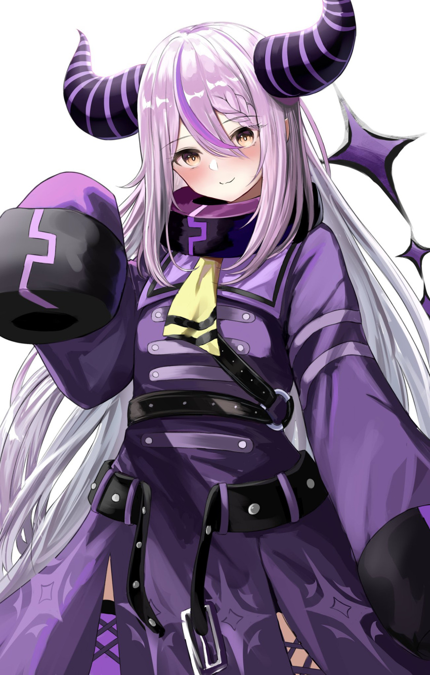 1girl blush braid brown_eyes closed_mouth commentary_request demon_horns dress grey_hair highres hololive horns la+_darknesss long_hair long_sleeves looking_at_viewer multicolored_hair natsuki_(natukituki) purple_dress purple_hair purple_thighhighs simple_background sleeves_past_fingers sleeves_past_wrists smile solo streaked_hair thigh-highs very_long_hair virtual_youtuber white_background