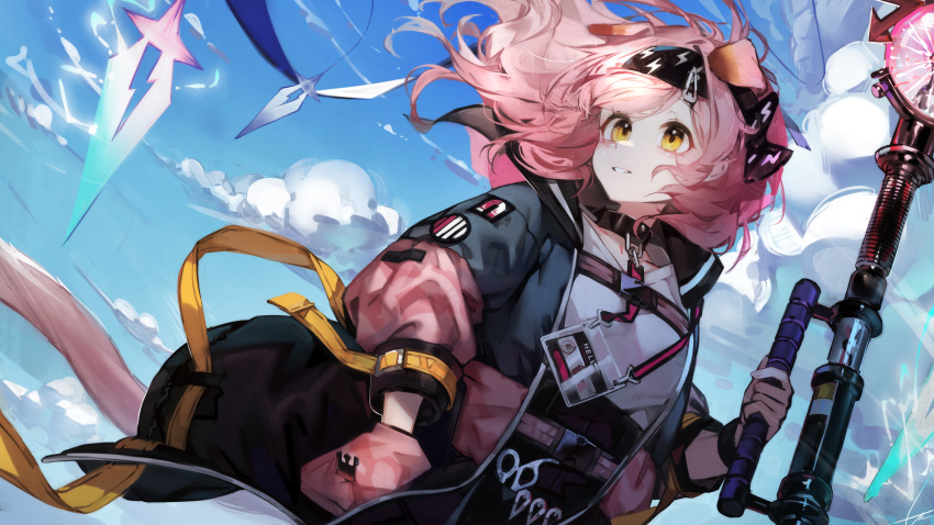 1girl absurdres alternate_hairstyle animal_ears arknights black_skirt blue_jacket blue_sky cat_ears cat_girl cat_tail clouds cloudy_sky cowboy_shot dutch_angle electricity floating_hair floppy_ears goldenglow_(arknights) hair_down hand_in_pocket highres holding holding_staff id_card jacket libiadan long_hair looking_to_the_side multicolored_clothes multicolored_jacket outdoors parted_lips pink_jacket scissors shirt skirt sky smile solo staff tail two-tone_jacket white_shirt yellow_eyes