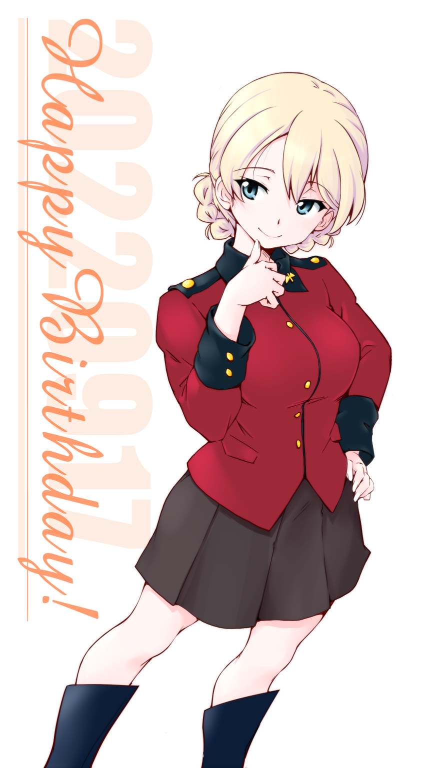 1girl black_footwear black_skirt blonde_hair blue_eyes boots breasts closed_mouth commentary_request darjeeling_(girls_und_panzer) girls_und_panzer hand_on_hip hand_up happy_birthday highres jacket knee_boots looking_at_viewer medium_breasts military military_uniform red_jacket sasaki_akira_(ugc) short_hair skirt smile solo st._gloriana's_military_uniform uniform