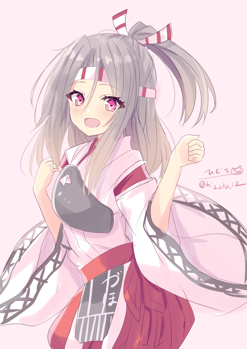 1girl :d absurdres artist_name blush cowboy_shot grey_hair hachimaki headband high_ponytail highres hizaka kantai_collection long_hair looking_at_viewer muneate one-hour_drawing_challenge pink_background simple_background smile solo twitter_username violet_eyes wide_sleeves zuihou_(kancolle)