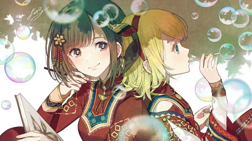 25-ji_night_code_de._(project_sekai) 2girls absurdres back-to-back blonde_hair braid brown_hair bubble_blowing cherico commentary_request dress flipped_hair flower hair_flower hair_ornament hairband highres holding holding_pencil holding_sketchbook jewelry kagamine_rin long_sleeves looking_at_another multiple_girls necklace pencil project_sekai red_dress red_hairband red_shawl shawl shinonome_ena short_hair sitting sketchbook smile vietnamese_dress vocaloid yellow_nails