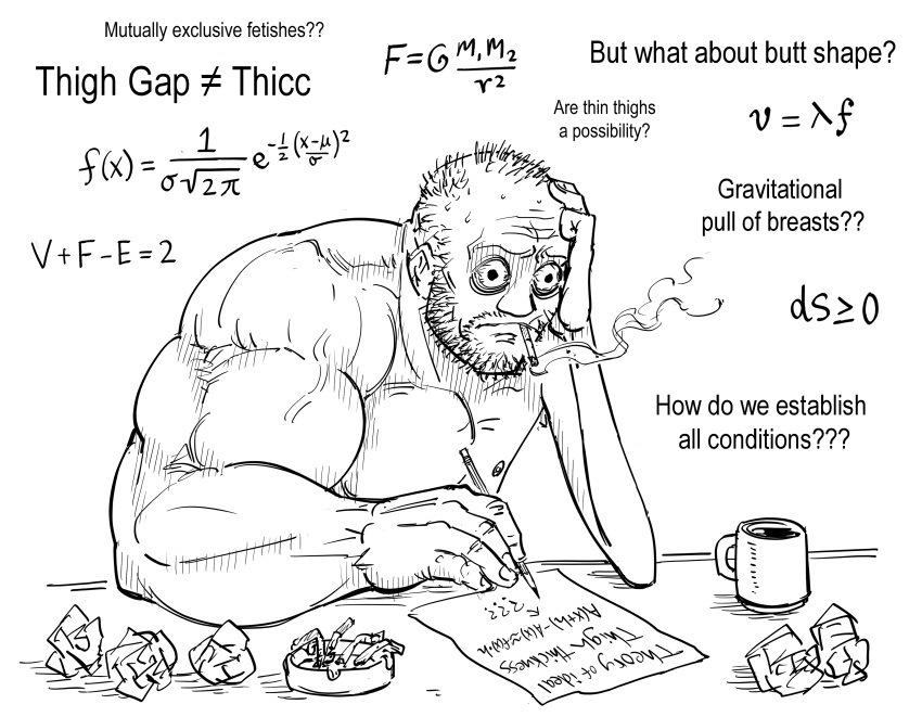 1boy absurdres asymmetrical_arms bb_(baalbuddy) cigarette coffee_mug comedy coomer_(meme) crumpled_paper cup english_text equation greyscale highres math meme monochrome mug original simple_background sitting smoking solo table thinking white_background