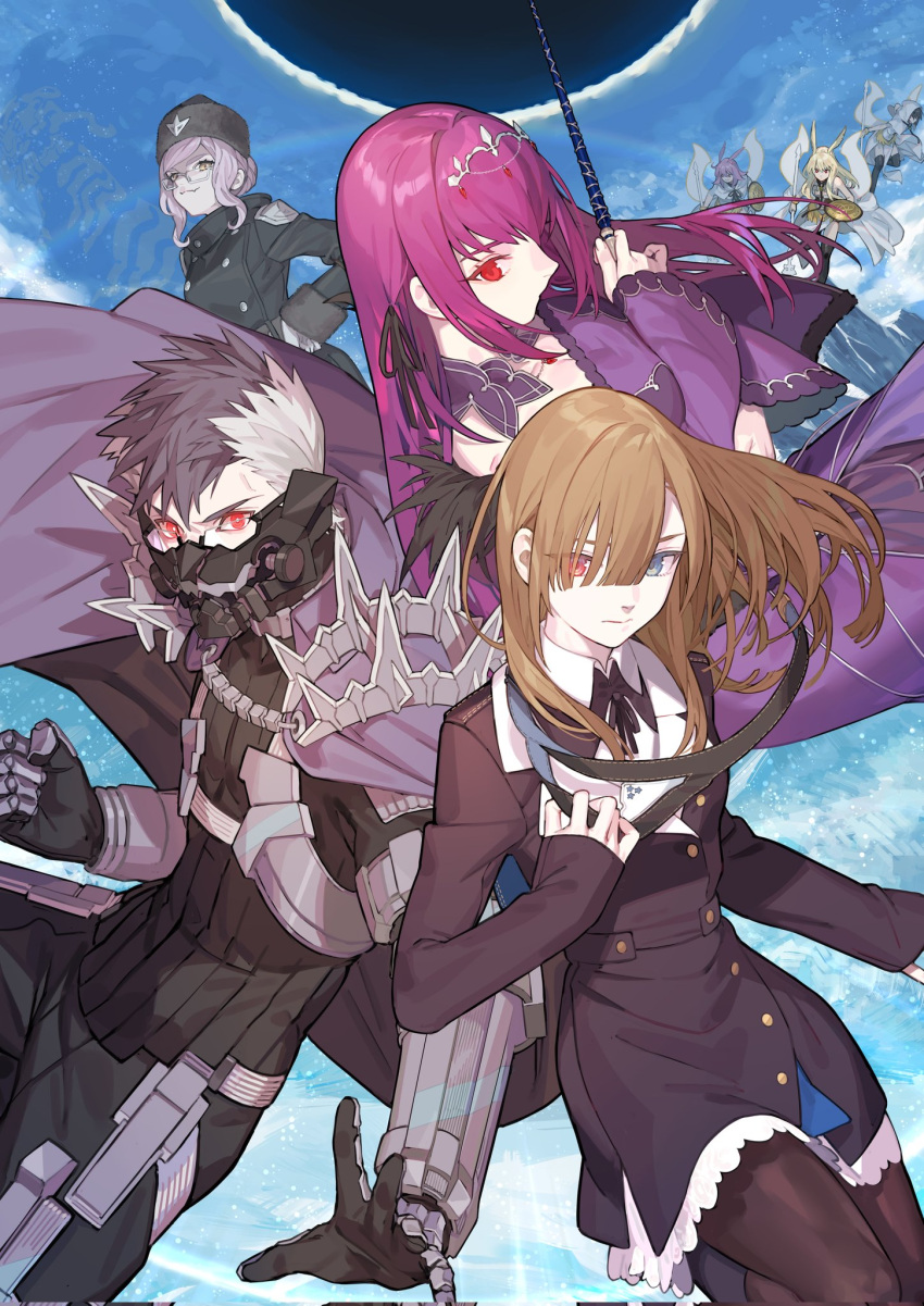 1boy 6+girls alternate_eye_color armor bangs bare_shoulders belt black_hair black_pants black_ribbon black_skirt blonde_hair blue_eyes breasts brown_hair brown_pantyhose buckler buttons cape capelet closed_mouth collared_shirt dress energy_wings expressionless eyepatch eyepatch_removed fate/grand_order fate_(series) floating flying fur-trimmed_dress fur-trimmed_sleeves fur_hat fur_trim gauntlets glasses gloves grey-framed_eyewear hair_between_eyes hat head_wings headpiece heterochromia highres hildr_(fate) holding holding_eyepatch holding_polearm holding_wand holding_weapon hood hood_down hood_up hooded_capelet jacket jewelry koyanskaya_(fate) koyanskaya_(russian_lostbelt_outfit)_(fate) long_hair long_sleeves looking_at_viewer mask medium_breasts mouth_mask multicolored_hair multiple_girls nao_(syn_eaa) neck_ribbon official_alternate_costume ophelia_phamrsolone ortlinde_(fate) pants pantyhose pink_hair pink_wings polearm purple_cape purple_dress purple_hair purple_ribbon red_eyes ribbon scathach_(fate) scathach_skadi_(fate) shield shirt short_hair shoulder_spikes sigurd_(fate) skirt sleeves_past_wrists smile spikes spiky_hair tamamo_(fate) thrud_(fate) tiara two-tone_hair valkyrie_(fate) vambraces very_long_hair wand weapon white_capelet white_gloves white_hair white_hood white_shirt wings winter_uniform yellow_eyes yellow_wings