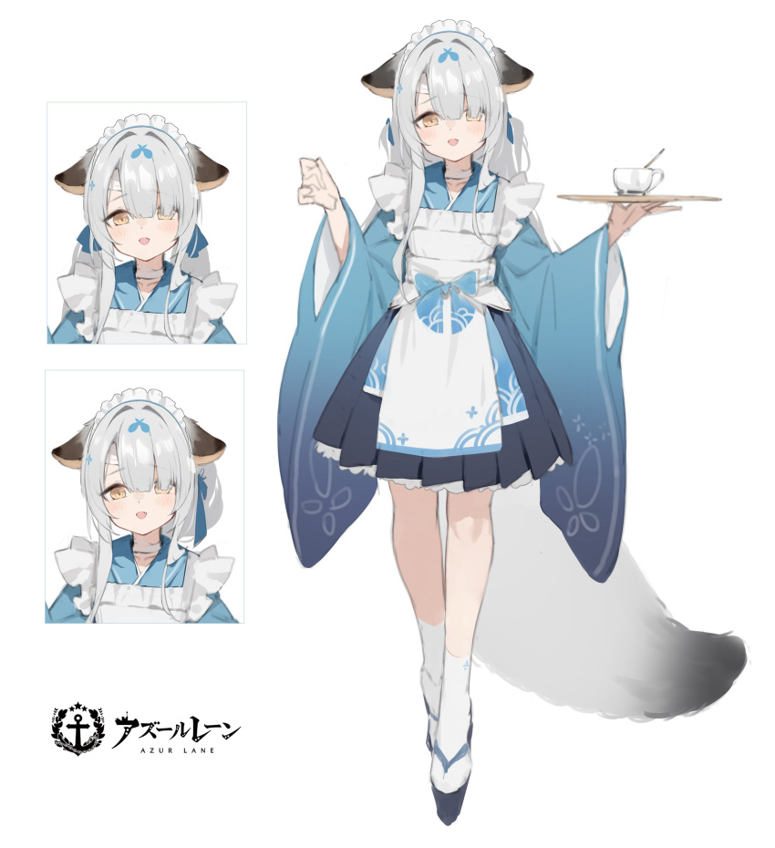 1girl absurdres animal_ears apron azur_lane brown_eyes concept_art cup fox_ears fox_tail hair_ornament highres large_tail looking_at_viewer maid maid_headdress miyuki_(azur_lane) miyuki_(shopping_rendezvous)_(azur_lane) official_art open_mouth socks standing tail wa_maid white_background white_hair white_socks wide_sleeves yuri_shoutu