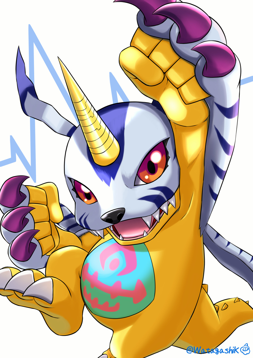 absurdres arm_up claws clenched_hands commentary_request digimon digimon_(creature) gabumon highres horns looking_at_viewer no_humans open_mouth red_eyes sharp_teeth signature simple_background single_horn solo tail teeth twitter_username watagashikn white_background