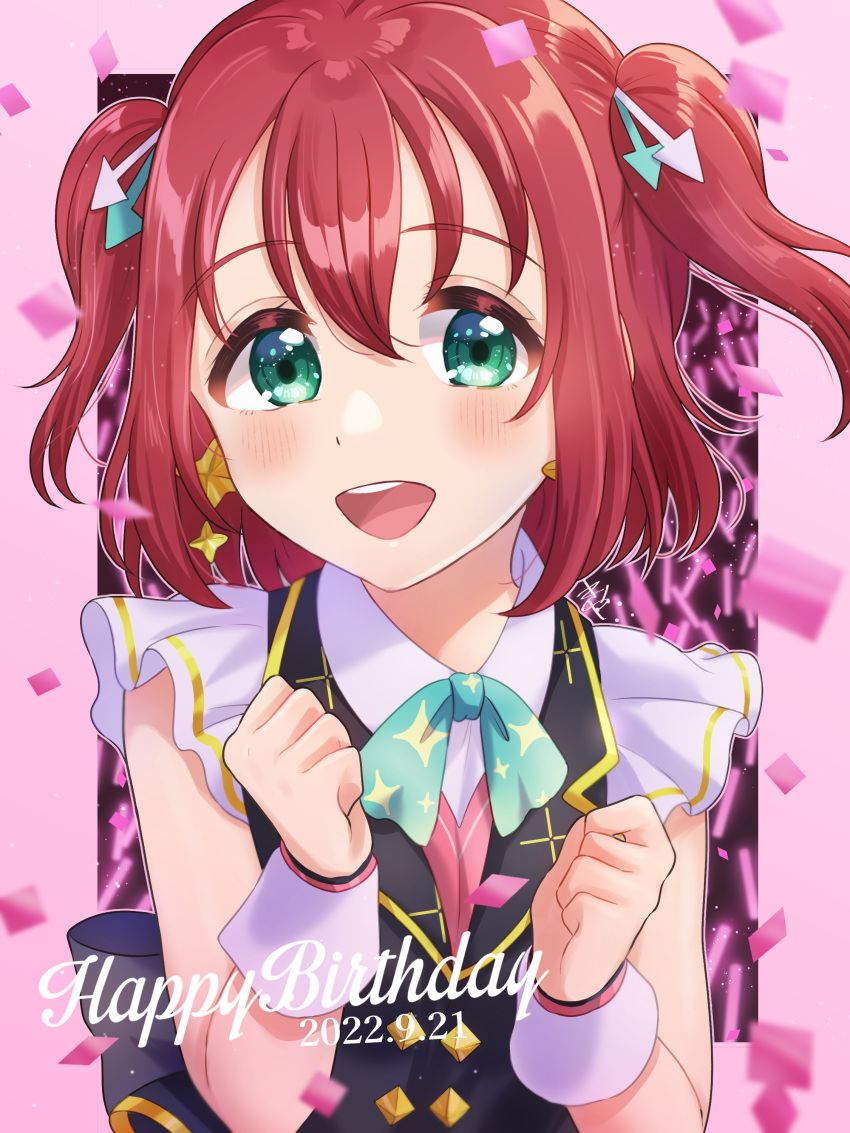 1girl absurdres arrow_hair_ornament bangs birthday blush clenched_hands commentary confetti dated earrings english_text glowstick green_eyes happy_birthday highres jewelry kurosawa_ruby kyaku_tatsu looking_at_viewer love_live! love_live!_sunshine!! pink_background redhead shiny shiny_hair short_hair sidelocks signature smile solo two_side_up upper_body