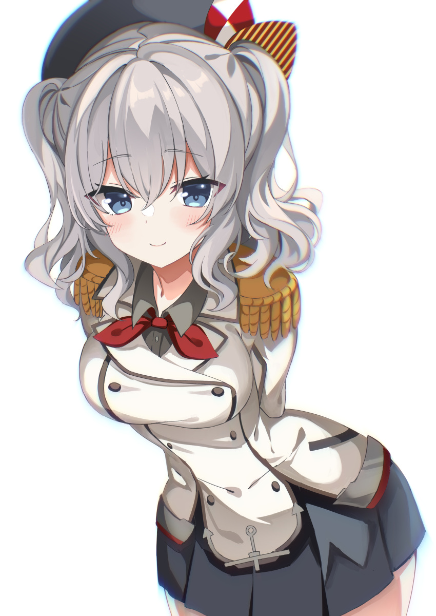 1girl absurdres beret black_headwear blue_eyes blush breasts closed_mouth collared_shirt cowboy_shot epaulettes fathom grey_hair grey_shirt grey_skirt hair_between_eyes hat highres jacket kantai_collection kashima_(kancolle) kerchief large_breasts long_sleeves military military_uniform pleated_skirt shirt short_hair simple_background skirt smile solo twintails uniform white_background white_jacket