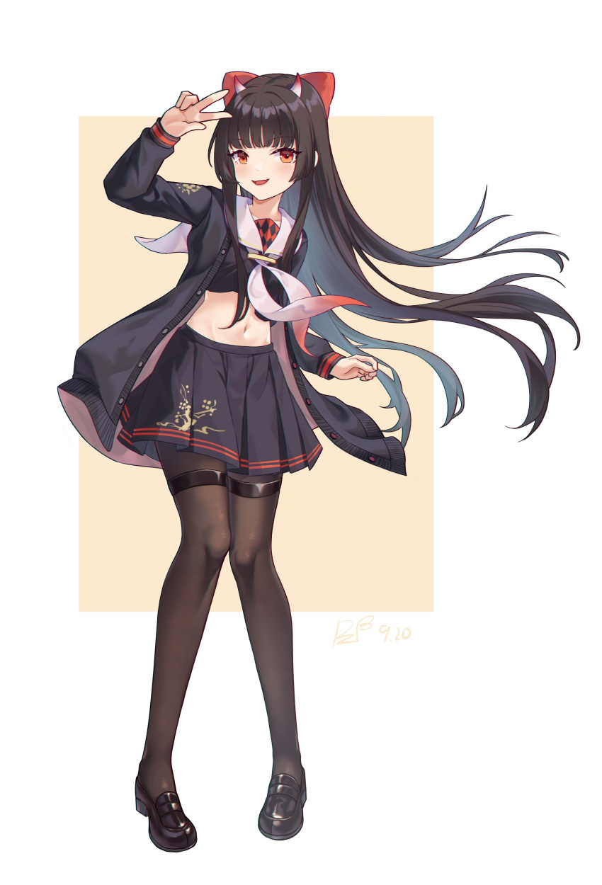 1girl absurdres azur_lane black_footwear black_horns black_pantyhose blue_skirt bow cardigan commentary_request crop_top full_body hair_bow highres hime_cut horns knees_together_feet_apart loafers long_hair long_sleeves looking_at_viewer navel oni_horns open_cardigan open_clothes open_mouth pantyhose pigeon-toed ping_zhong_yu pleated_skirt red_bow red_eyes sailor_collar sakawa_(azur_lane) school_uniform serafuku shoes skirt smile solo standing stomach thigh_strap v white_sailor_collar