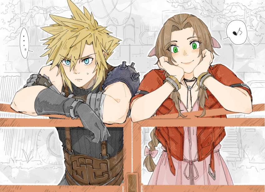 ... 1boy 1girl aerith_gainsborough armor bangle bangs belt blonde_hair blue_eyes blue_shirt blush bracelet braid braided_ponytail brown_hair choker cloud_strife cropped_jacket dress fe79793 final_fantasy final_fantasy_vii final_fantasy_vii_remake flower_choker gloves green_eyes grey_gloves hair_between_eyes hair_ribbon hands_on_own_cheeks hands_on_own_face highres jacket jewelry leaning_on_rail long_hair looking_at_viewer multiple_belts musical_note parted_bangs pink_dress pink_ribbon red_jacket ribbon shirt short_hair short_sleeves shoulder_armor sidelocks sleeveless sleeveless_turtleneck smile spiky_hair spoken_ellipsis spoken_musical_note suspenders sweatdrop turtleneck upper_body