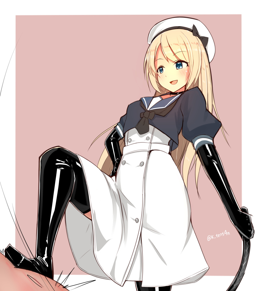 1girl absurdres black_choker black_gloves black_neckerchief black_thighhighs blonde_hair blue_eyes blue_sailor_collar breasts choker commentary_request cowboy_shot dress elbow_gloves gloves hand_on_hip hat highres holding holding_whip jervis_(kancolle) kantai_collection katsuten leotard mary_janes neckerchief sailor_collar sailor_dress sailor_hat shoes solo thigh-highs white_dress white_headwear