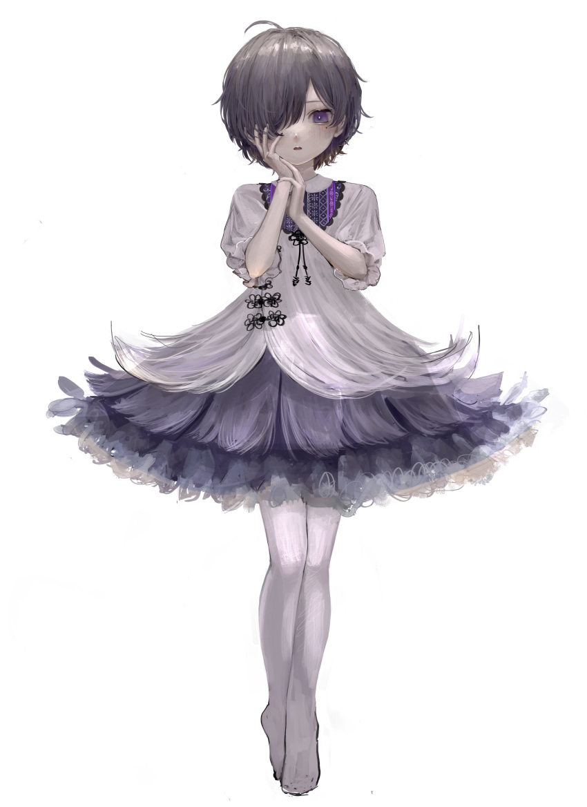 1boy absurdres ahoge bangs black_nails collared_dress commentary crossdressing dress frills full_body grey_hair hair_over_one_eye hand_on_own_cheek hand_on_own_face hand_up highres layered_dress legs_together looking_at_viewer male_focus nail_polish namuta no_shoes one_eye_covered original otoko_no_ko own_hands_together pantyhose parted_lips puffy_short_sleeves puffy_sleeves purple_dress short_dress short_hair short_sleeves simple_background solo standing symbol-only_commentary two-tone_dress violet_eyes white_background white_dress white_pantyhose