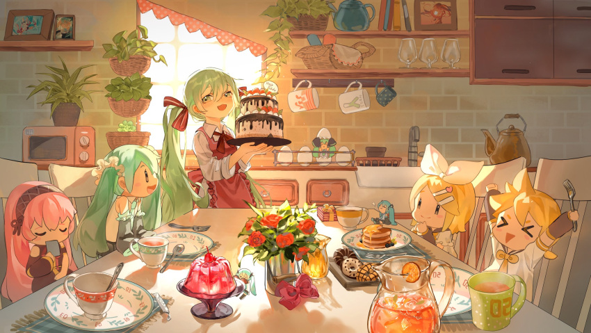 &gt;_&lt; 1boy 6+girls =3 apron aqua_hair birthday black_sleeves blonde_hair book bouquet bow cabinet cake card chair chi_chi3939 chibi closed_eyes covering_mouth cup dessert detached_sleeves doughnut drinking_glass faucet flower food fork frilled_apron frills green_hair hair_bow hair_ornament hair_ribbon hairband hairclip hatsune_miku highres holding holding_cake holding_card holding_food holding_fork holding_tray house indoors jelly kagamine_len kagamine_rin kettle kitchen layer_cake leaning_forward long_hair megurine_luka minigirl mug multiple_girls multiple_persona necktie outstretched_arms pancake pancake_stack picture_(object) pink_hair pitcher plant plate potted_plant red_apron red_flower red_ribbon ribbon shelf shirt sleeves_past_fingers sleeves_past_wrists smile solid_oval_eyes spiky_hair spoon spring_onion_print steam table toaster_oven tray triangle_mouth twintails very_long_hair vocaloid white_bow white_shirt wicker_basket window wine_glass yellow_necktie