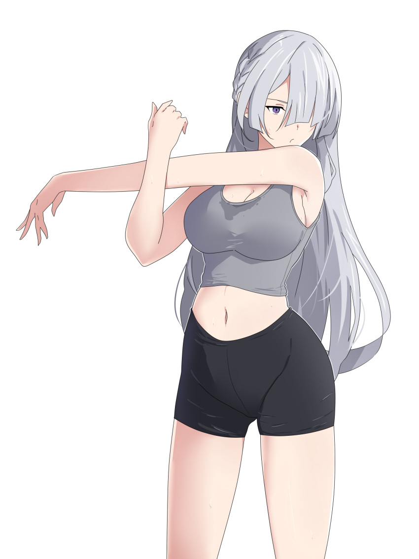 1girl absurdres ak-15_(girls'_frontline) bike_shorts black_shorts braid breasts girls_frontline grey_tank_top hair_over_one_eye highres large_breasts long_hair midriff navel shorts side_braids simple_background solo sportswear standing tank_top vanna violet_eyes white_background