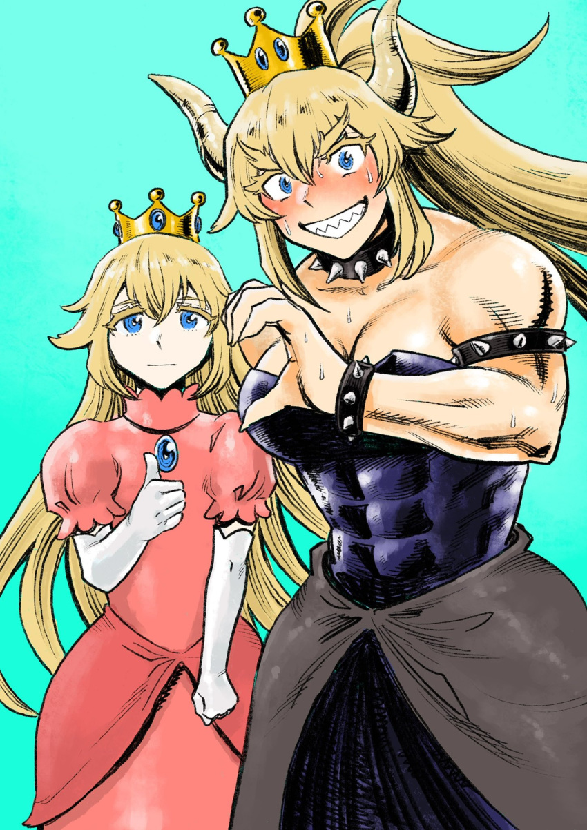 2girls abs armlet black_dress blonde_hair blue_eyes blush bowser bowsette bracelet collar crown dress heart heart_hands heart_hands_duo heart_hands_failure highres jewelry long_hair multiple_girls muscular muscular_female new_super_mario_bros._u_deluxe pointy_ears princess_peach rejection sharp_teeth smile spiked_armlet spiked_bracelet spiked_collar spiked_shell spikes super_crown super_mario_bros. teeth thumbs_up tsunamino_yuu yuri