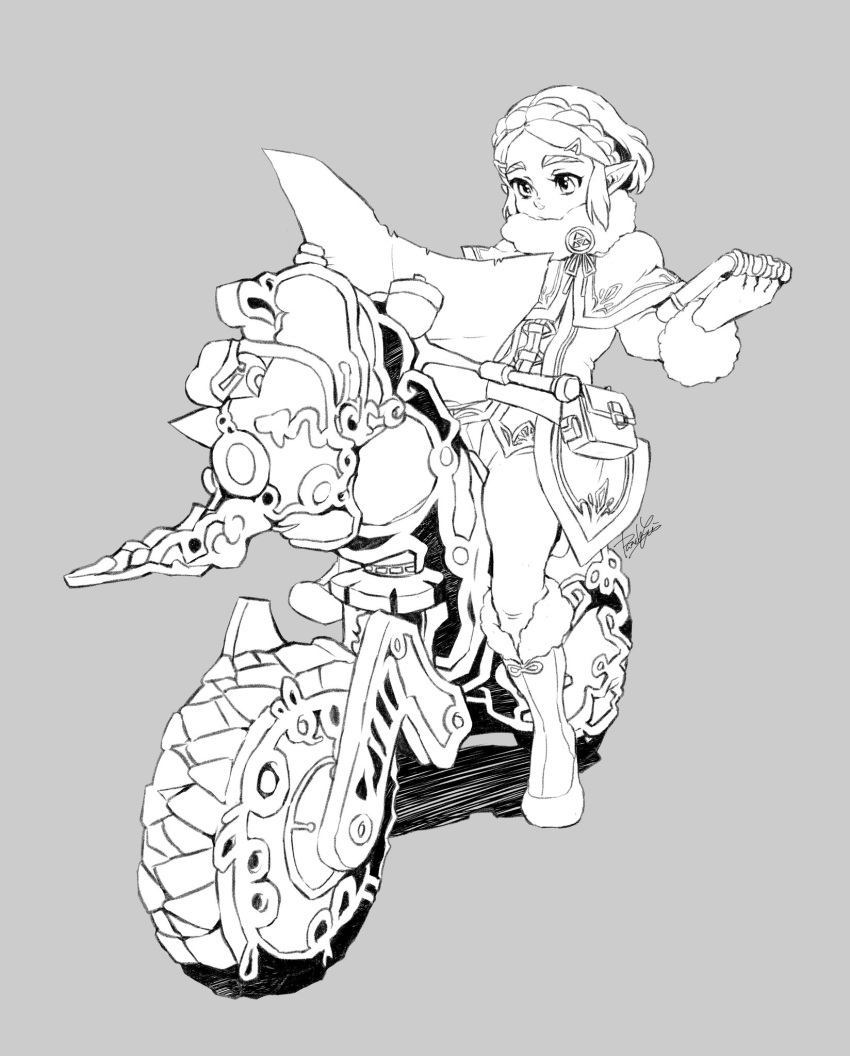 1girl boots braid capelet crown_braid full_body fur-trimmed_boots fur-trimmed_footwear fur-trimmed_sleeves fur_collar fur_trim grey_background ground_vehicle hair_ornament hairclip highres holding holding_map isamu-ki_(yuuki) knee_boots map master_cycle motor_vehicle motorcycle on_motorcycle pointy_ears pouch princess_zelda shadow sheikah_slate short_hair simple_background solo the_legend_of_zelda the_legend_of_zelda:_breath_of_the_wild the_legend_of_zelda:_tears_of_the_kingdom thick_eyebrows