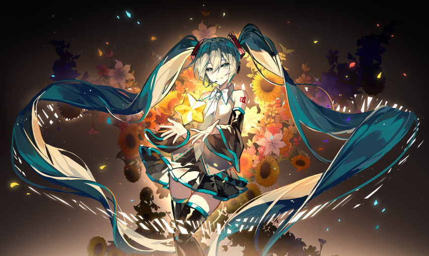 1girl absurdly_long_hair absurdres aqua_eyes aqua_hair bare_shoulders black_background black_skirt black_sleeves black_thighhighs commentary detached_sleeves feet_out_of_frame floating_hair flower flower_request glowing grey_shirt grin hair_ornament hatsune_miku headphones headset highres kazenemuri lily_(flower) long_hair looking_at_viewer miniskirt necktie outstretched_hand pink_flower pleated_skirt red_flower shirt shoulder_tattoo skirt sleeveless sleeveless_shirt smile solo standing star_(symbol) sunflower tattoo thigh-highs twintails very_long_hair vocaloid white_flower yellow_flower zettai_ryouiki