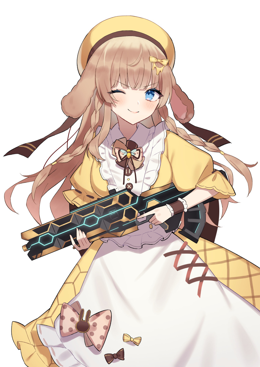 1girl ;) absurdres animal_ears apron beret blue_eyes blush braid brown_hair closed_mouth copyright_request dress frilled_apron frilled_dress frills gukurosawa01 gun hat highres holding holding_gun holding_weapon long_hair looking_at_viewer one_eye_closed puffy_short_sleeves puffy_sleeves ribbon-trimmed_sleeves ribbon_trim short_sleeves simple_background smile solo twin_braids very_long_hair virtual_youtuber weapon weapon_request white_apron white_background yellow_dress yellow_headwear