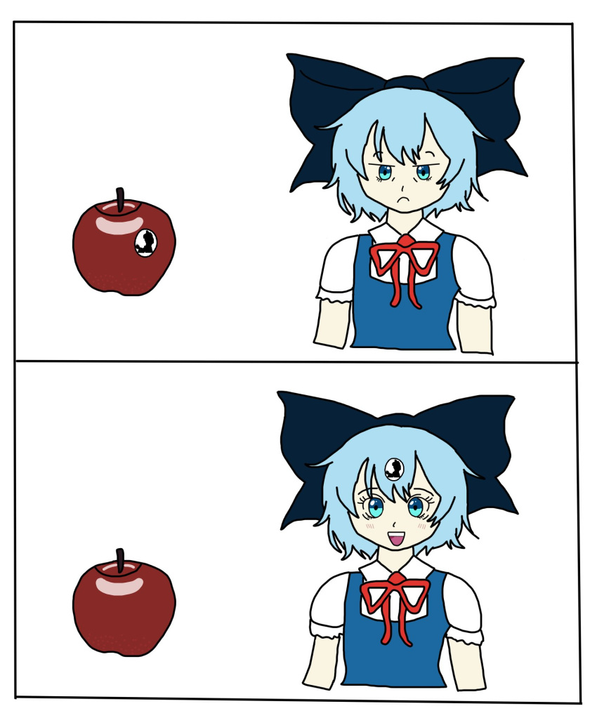 1girl apple blue_bow blue_eyes blue_hair bow bowtie cirno dress food frown fruit hair_bow highres open_mouth red_bow red_bowtie short_hair short_sleeves smile solo sticker touhou upper_body