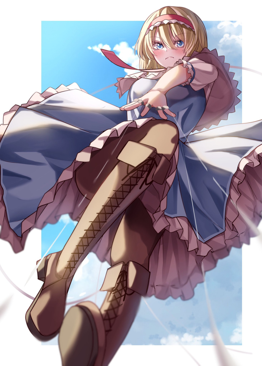1girl alice_margatroid ascot blonde_hair blue_dress blue_eyes blue_sky boots brown_footwear capelet cross-laced_footwear dress frilled_ascot frilled_dress frilled_hairband frills grimoire_of_alice hairband highres knee_boots lolita_hairband maboroshi_mochi medium_hair pantyhose puffy_short_sleeves puffy_sleeves red_ascot red_hairband short_sleeves sky solo touhou white_capelet