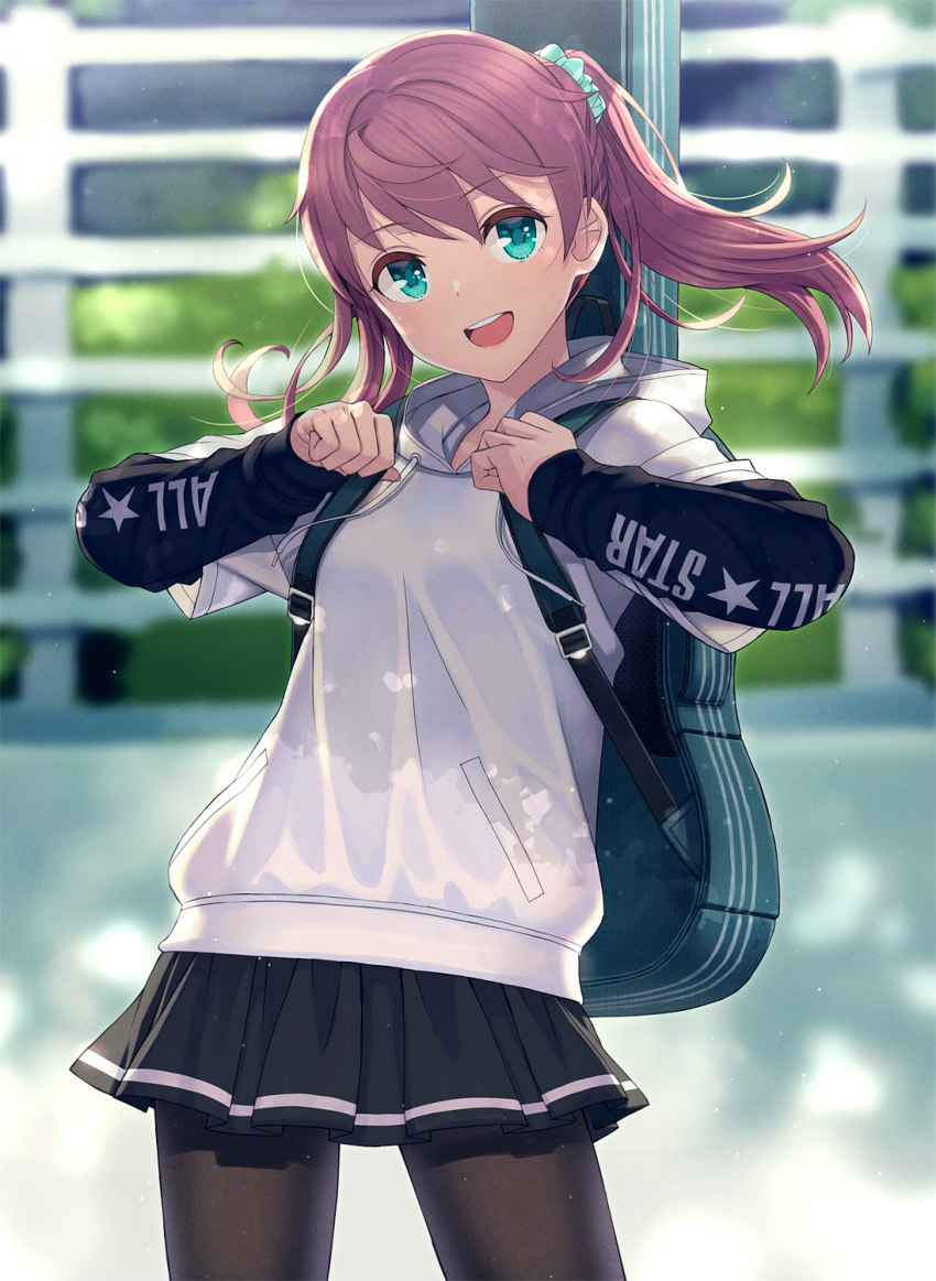 1girl :d aqua_eyes aqua_scrunchie bangs black_pantyhose black_skirt blue_eyes blue_scrunchie brown_hair cowboy_shot day floating_hair guitar_case hair_ornament hair_scrunchie highres holding_strap hood hoodie instrument_case instrument_on_back itou_(onsoku_tassha) layered_sleeves long_sleeves looking_at_viewer musical_android_(itou) original outdoors pantyhose pleated_skirt scrunchie short_over_long_sleeves short_sleeves skirt smile solo standing twintails white_hoodie