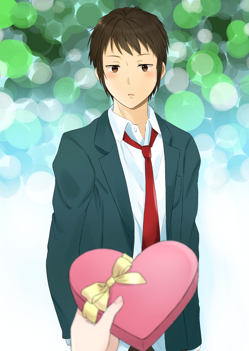 1boy 1other absurdres bangs blazer blush box brown_eyes brown_hair brown_pants candy chocolate collared_shirt commentary_request food gift green_jacket heart heart-shaped_box heart-shaped_chocolate highres holding holding_gift jacket kita_high_school_uniform kyon long_sleeves male_focus morimori_(21847254) necktie open_clothes open_jacket pants pov pov_hands red_necktie school_uniform shirt short_hair solo_focus suzumiya_haruhi_no_yuuutsu untucked_shirt valentine white_shirt