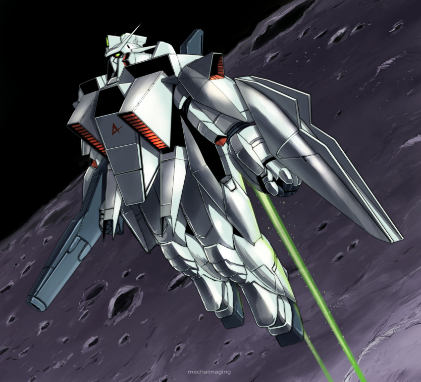artist_name char's_counterattack clenched_hand flying green_eyes gun gundam gundam_high_streamer highres holding holding_gun holding_weapon looking_up mecha mobile_suit moon no_humans nu_gundam robot science_fiction solo space v-fin weapon yamada_yuuji