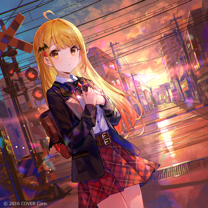 1girl ahoge backlighting backpack bag belt black_jacket blazer blonde_hair boom_barrier bow bowtie braid brooch building cityscape clouds fuzichoco hair_ornament hands_on_own_chest highres hololive jacket jewelry long_hair long_sleeves looking_at_viewer multiple_belts official_art open_clothes open_jacket orange_eyes outdoors parted_lips plaid plaid_skirt pleated_skirt railroad_crossing red_skirt scenery school_uniform shirt skirt solo standing sunlight sunset virtual_youtuber watermark white_shirt yozora_mel