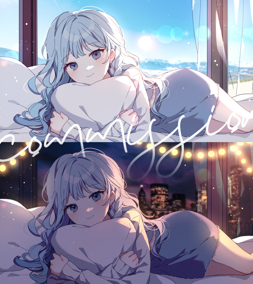 1girl bed_sheet blue_eyes blue_hair blue_skirt blue_sky braid building closed_mouth commission day feet_out_of_frame highres indoors long_hair long_sleeves looking_at_viewer lying moffle_(ayabi) night night_sky object_hug ocean on_side original pillow pillow_hug shirt skirt sky skyline skyscraper sleeves_past_wrists smile water white_shirt window