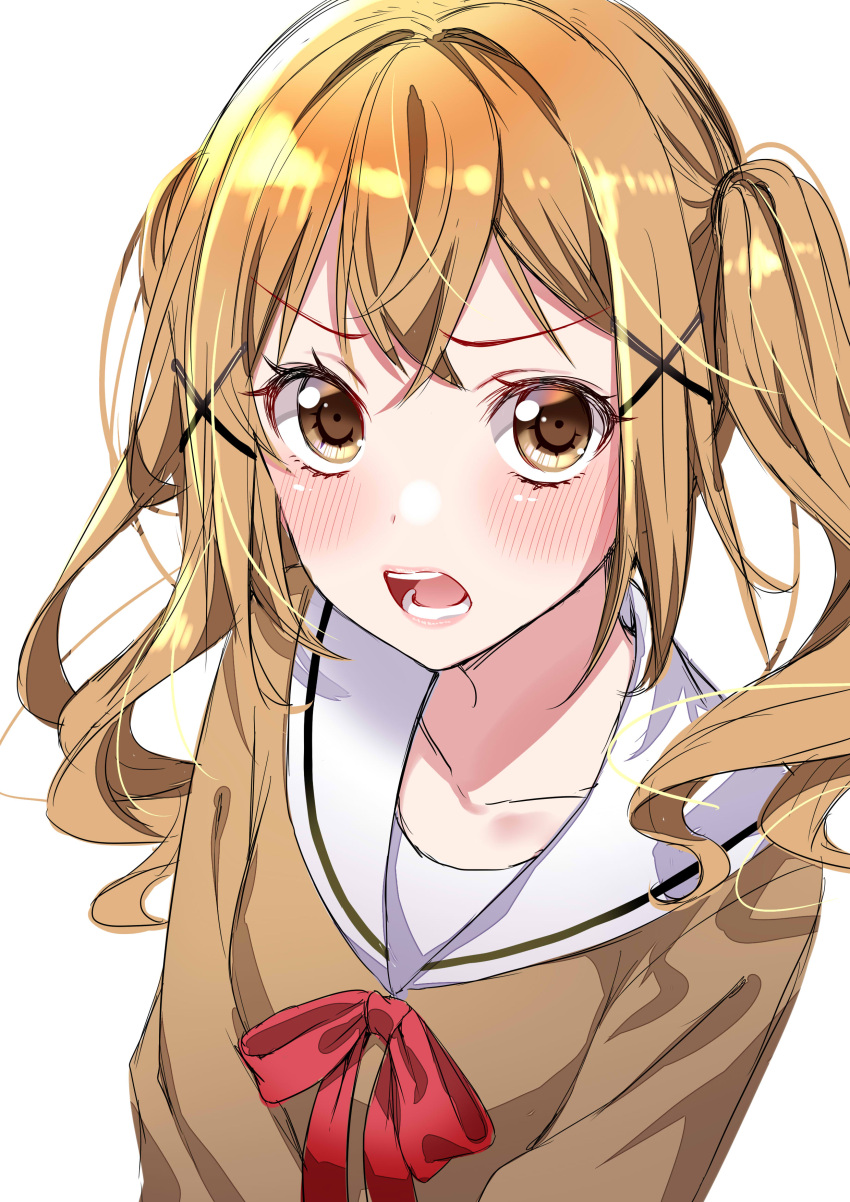 1girl absurdres annoyed bang_dream! bangs blonde_hair blush brown_shirt commentary_request crossed_bangs hair_ornament hanasakigawa_school_uniform highres ichigaya_arisa long_hair long_sleeves looking_at_viewer neck_ribbon open_mouth red_ribbon ribbon sailor_collar school_uniform serafuku shirt simple_background sketch solo teeth tottoto_tomekichi twintails upper_body v-shaped_eyebrows white_background white_sailor_collar x_hair_ornament yellow_eyes