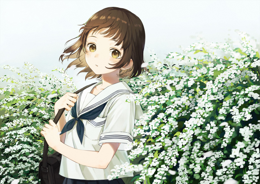 1girl aizawa_zawapo bag black_neckerchief blush brown_eyes brown_hair floating_hair flower grey_skirt highres looking_at_viewer neckerchief original parted_lips pleated_skirt sailor_collar school_uniform serafuku shiny shiny_hair short_hair short_sleeves skirt solo standing straight_hair white_flower white_sailor_collar white_serafuku