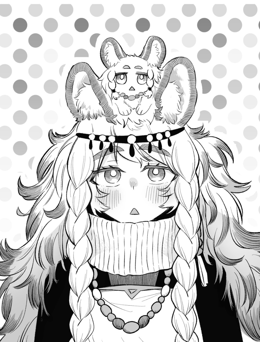 1girl animal_ear_fluff animal_ears animal_on_head arknights blush bokiboki333 braid greyscale highres jewelry leopard_ears leopard_girl long_hair looking_at_viewer messy_hair monochrome necklace on_head pramanix_(arknights) side_braids solo sweater thick_eyebrows tiara triangle_mouth turtleneck turtleneck_sweater