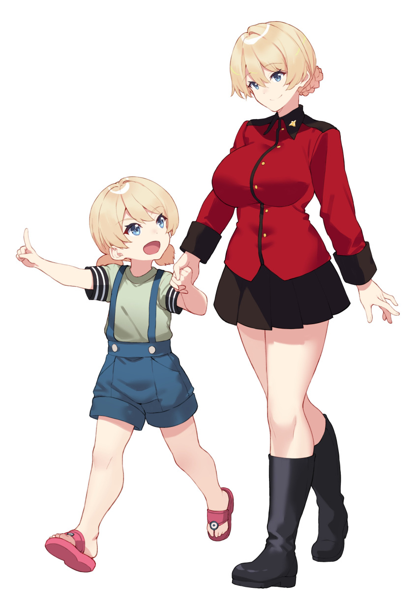 2girls absurdres black_footwear black_skirt blonde_hair blue_eyes blue_overalls boots breasts closed_mouth commentary_request darjeeling_(girls_und_panzer) full_body girls_und_panzer green_shirt highres holding_hands jacket kimi_tsuru knee_boots large_breasts long_sleeves military military_uniform multiple_girls open_mouth overalls pink_footwear red_jacket sandals shirt short_hair short_twintails simple_background skirt smile st._gloriana's_military_uniform time_paradox twintails uniform white_background