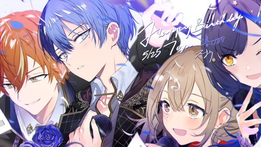 2boys 2girls aoyagi_touya azusawa_kohane bangs blue_flower blue_hair blue_rose blunt_bangs blush brown_hair clenched_teeth collared_shirt dark_blue_hair dated english_text flower gradient_hair grey_eyes grin hair_between_eyes happy_birthday highres holding holding_microphone light_blush light_brown_hair looking_at_viewer looking_away looking_down looking_to_the_side microphone multicolored_hair multiple_boys multiple_girls official_art one_eye_closed open_mouth orange_hair parted_lips project_sekai rose second-party_source shinonome_akito shiraishi_an shirt short_hair smile star_(symbol) streaked_hair suou teeth upper_body v-shaped_eyebrows vivid_bad_squad_(project_sekai) yellow_eyes