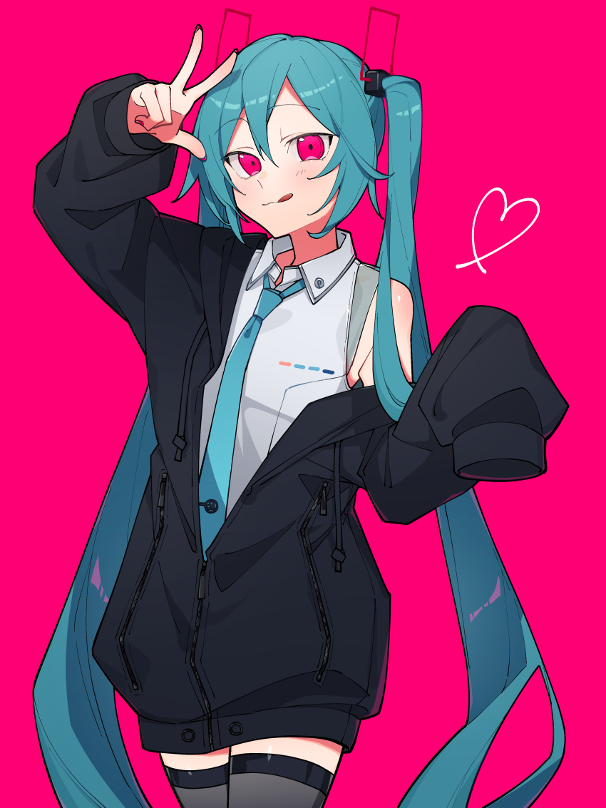 1girl :q absurdres arm_up bare_shoulders black_jacket black_thighhighs blue_hair blue_necktie blush commentary cowboy_shot drawstring grey_shirt hair_tie hatsune_miku hatsune_miku_(vocaloid4) heart highres jacket long_hair looking_at_viewer necktie odd_(miyoru) partially_unzipped pink_background pink_eyes pink_nails shirt sleeveless sleeveless_shirt sleeves_past_fingers sleeves_past_wrists solo symbol-only_commentary thigh-highs tongue tongue_out twintails v4x very_long_hair vocaloid w