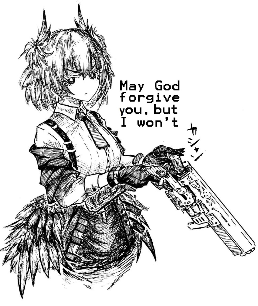 1girl animal_ears arknights bird_ears bird_girl collared_shirt commentary_request english_text fiammetta_(arknights) gloves greyscale gun highres holding holding_gun holding_weapon jacket monochrome necktie reloading shiokaze1409 shirt solo weapon