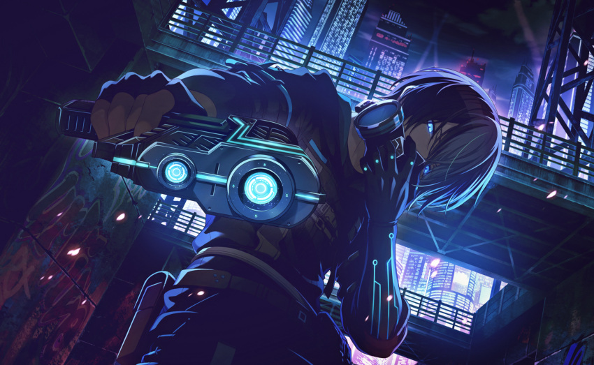 1boy aiming_at_viewer aoyagi_touya aoyagi_touya_(close_game/offline) bangs belt_pouch blue_eyes blue_hair blue_pants blue_shirt blue_theme city city_lights cityscape colorful_palette cyberpunk dutch_angle fingerless_gloves from_below gloves glowing glowing_eyes gun highres holding holding_gun holding_weapon looking_at_viewer male_focus night official_art outdoors pants pouch project_sekai shirt short_hair single_fingerless_glove solo weapon
