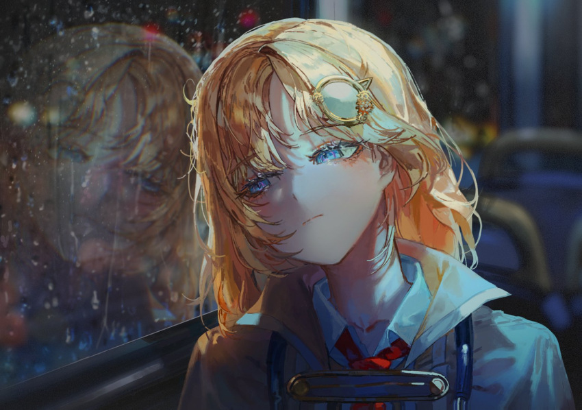 1girl blonde_hair blue_eyes closed_mouth coat collared_shirt hair_ornament hololive hololive_english messy_hair necktie quasarcake red_necktie reflection shirt sitting solo water_drop watson_amelia window