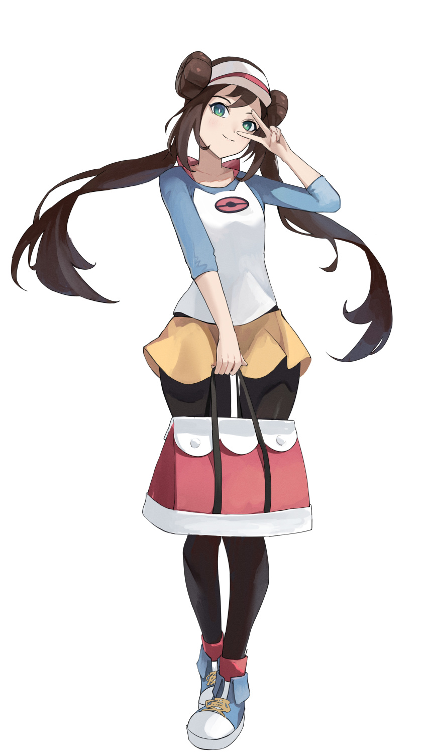 1girl absurdres back_bow bag black_pantyhose bow brown_hair closed_mouth double_bun floating_hair full_body green_eyes hair_bun head_tilt high_tops highres holding holding_bag long_hair long_sleeves looking_at_viewer miniskirt pantyhose pokemon pokemon_(game) pokemon_bw2 qq1264702834 raglan_sleeves rosa_(pokemon) shoes simple_background skirt smile sneakers twintails v_over_eye very_long_hair white_background yellow_skirt