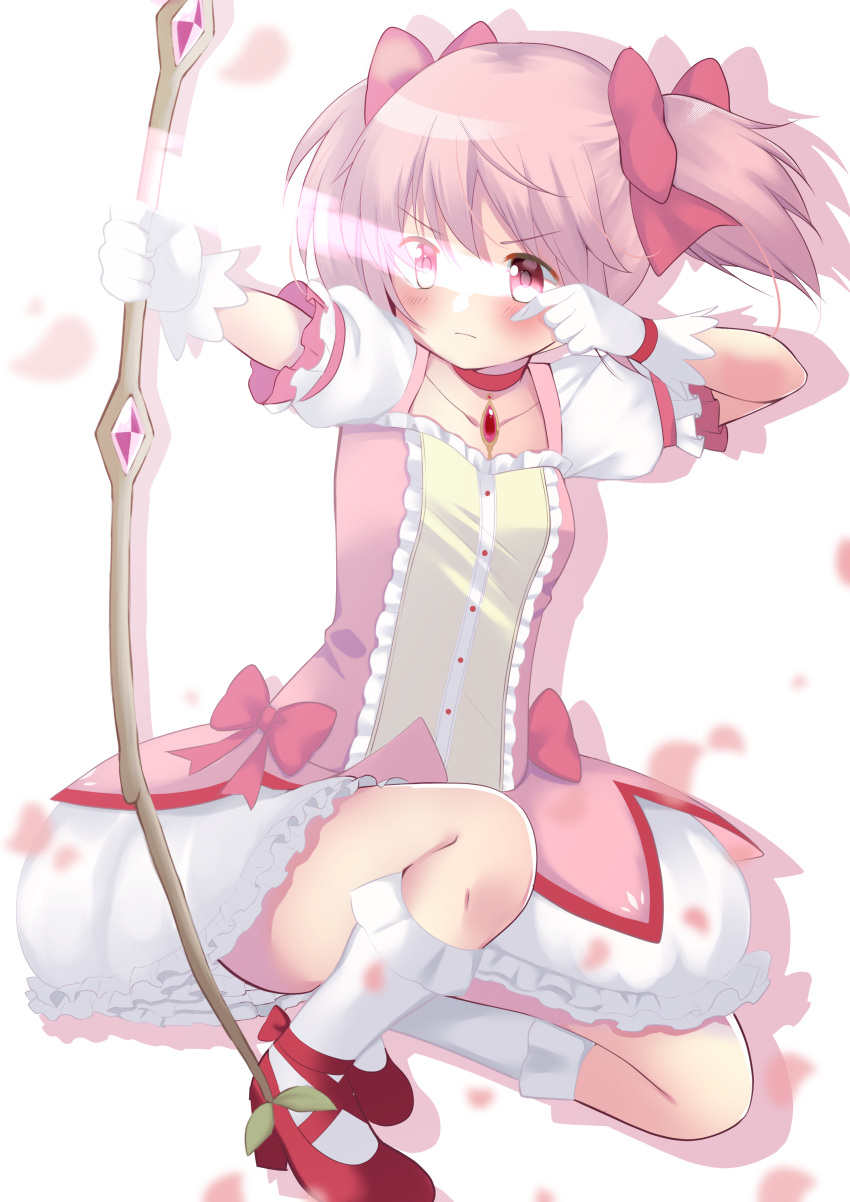 absurdres aiming arrow_(projectile) bangs bow bow_(weapon) bubble_skirt choker closed_mouth commentary_request energy_arrow frilled_skirt frilled_socks frills gloves hachusan111 hair_bow highres kaname_madoka kneehighs looking_away magical_girl mahou_shoujo_madoka_magica one_knee pink_hair puffy_short_sleeves puffy_sleeves red_bow red_choker red_eyes red_footwear serious shoes short_hair short_sleeves short_twintails skirt socks twintails weapon white_gloves white_socks