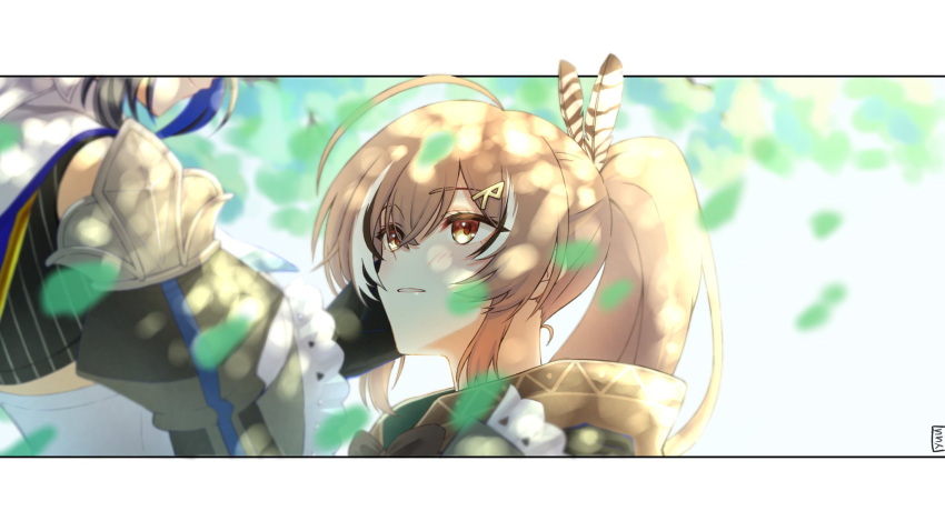 2girls ahoge bangs blue_cape blue_hair blue_ribbon brown_capelet brown_cloak brown_eyes brown_hair cape capelet cloak dappled_sunlight detached_sleeves falling_leaves feather_hair_ornament feathers hair_intakes hair_ornament hairclip highres hololive hololive_english leaf long_hair looking_at_another multicolored_hair multiple_girls nanashi_mumei ouro_kronii parted_lips ponytail ribbon sailor_collar shirt short_hair sleeveless sleeveless_shirt smile streaked_hair sunlight tank_top tree veil very_long_hair virtual_youtuber yuutomeh
