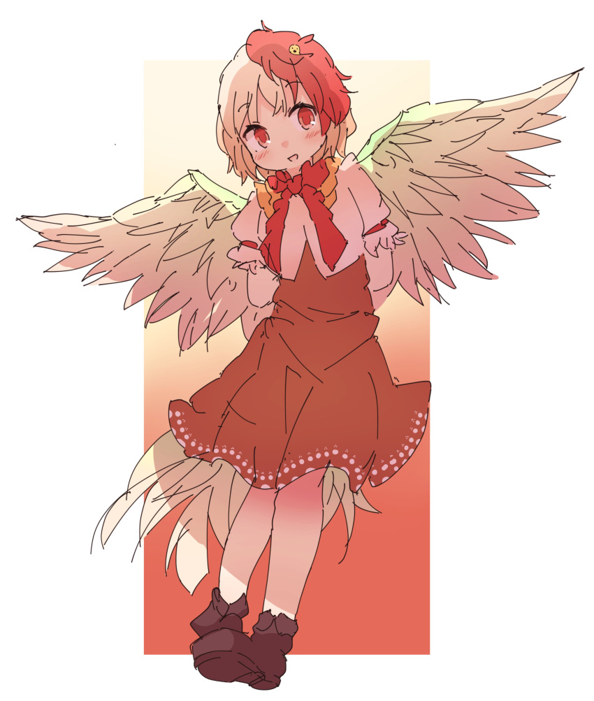 1girl :d absurdres animal_on_head bird bird_on_head bird_wings blonde_hair brown_footwear chick dress full_body highres kamotsu_yasai looking_at_viewer multicolored_hair neckerchief niwatari_kutaka on_head open_mouth orange_dress outside_border red_eyes red_neckerchief redhead shirt short_hair short_sleeves smile solo tail_feathers touhou two-tone_hair white_shirt wings